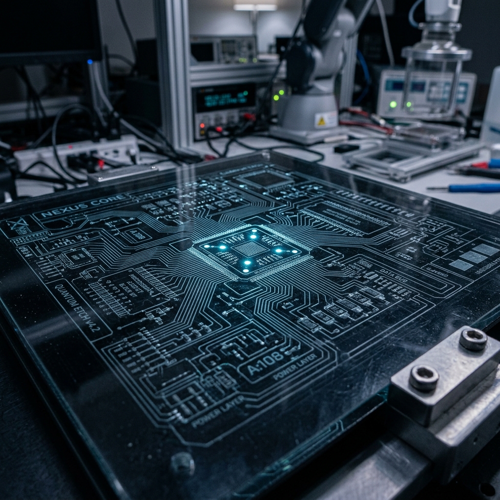 Futuristic digital circuitry and motherboard texture with glowing traces of light