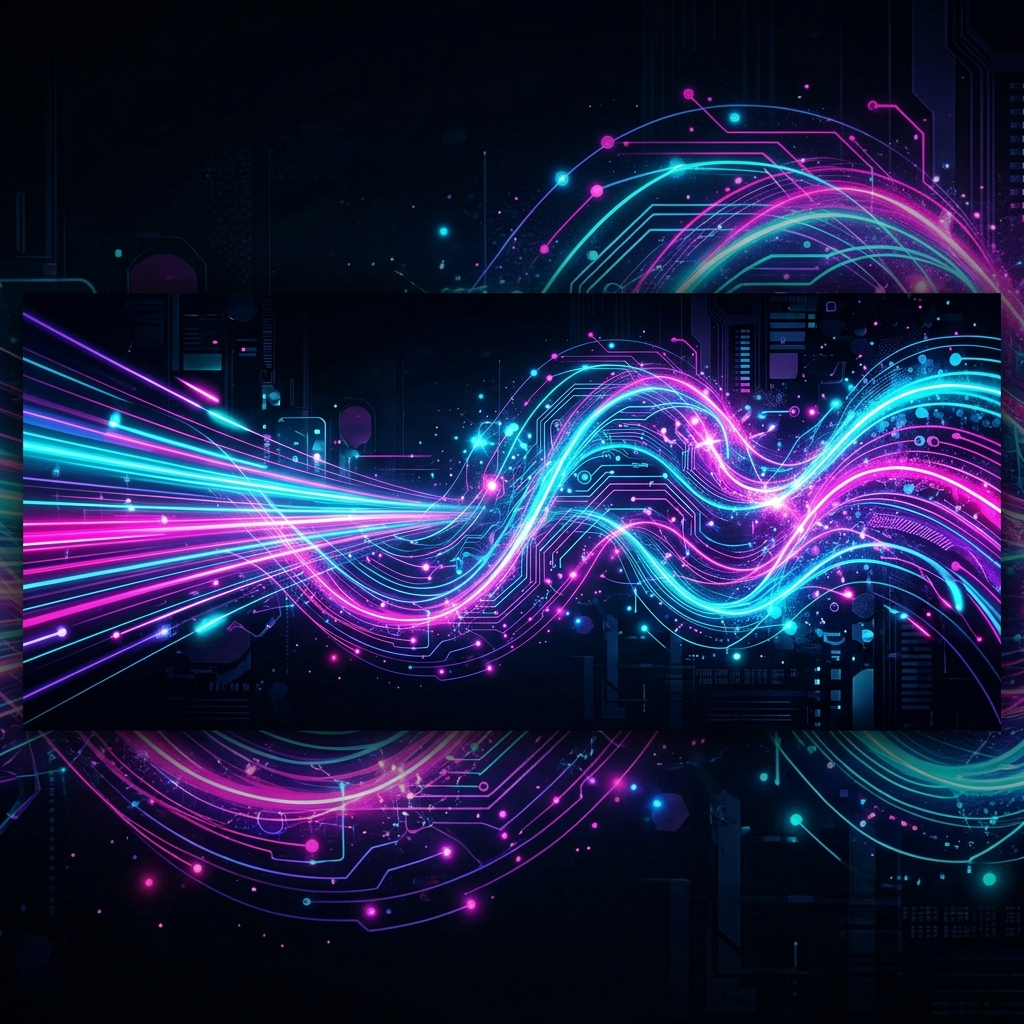 Digital art marquee accent graphic showing neon circuitry waves